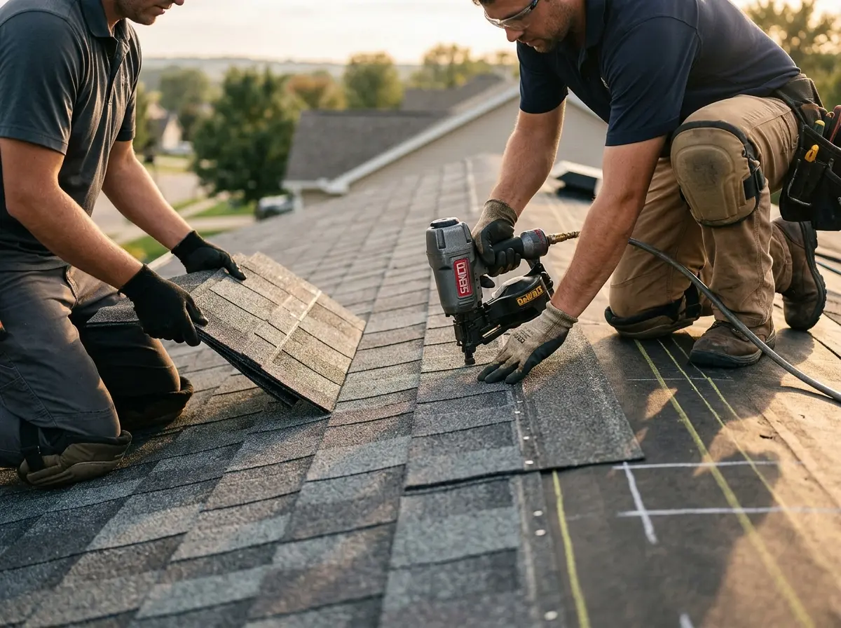 Professional roofer working on a residential roof in Delhi Hills